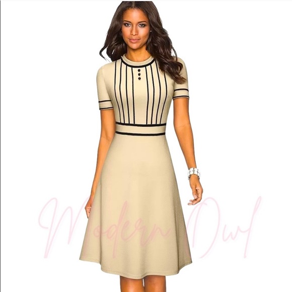 Classy Pin up Style Ivory Patchwork A-Line Dress - Picture 2 of 10